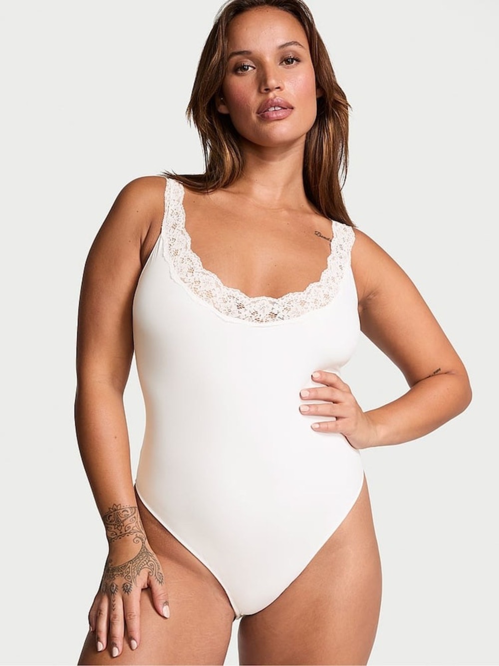 Victoria's Secret Coconut White Lace Trim Scoop Neck Bodysuit